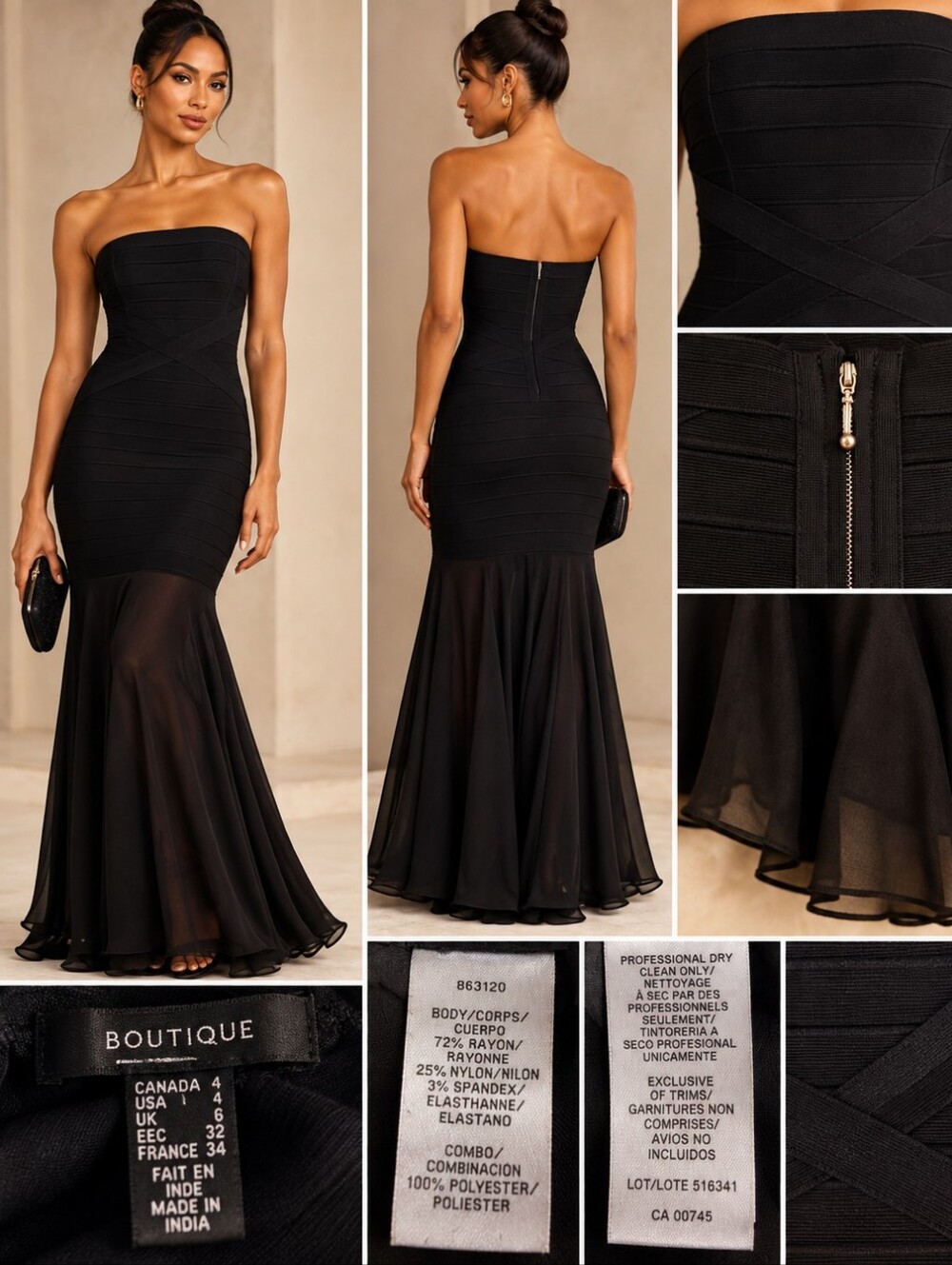Boutique Black Strapless Bandage Mermaid Maxi Gown Dress Size 4
